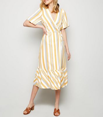 Off White Stripe Linen Blend Tiered Wrap Midi Dress | New Look